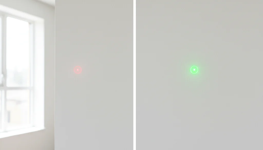Comparação de visibilidade entre laser verde e laser vermelho em ambiente interno claro