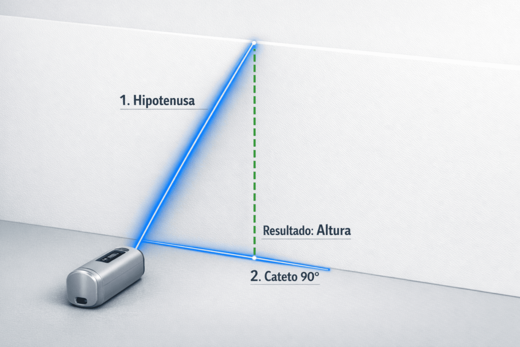 Infográfico ensinando como usar a função Pitágoras na trena a laser para medir altura