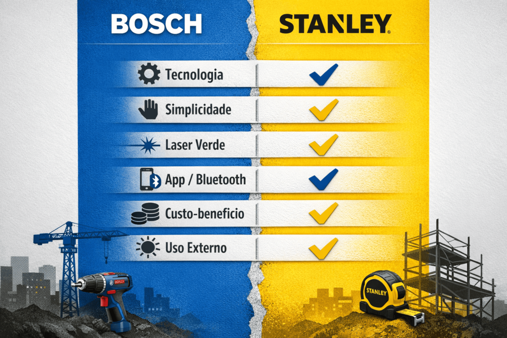 Infográfico comparando qual a melhor marca de trena a laser, Bosch vs Stanley em 6 critérios: tecnologia, simplicidade, laser verde, app/bluetooth, custo-benefício e uso externo