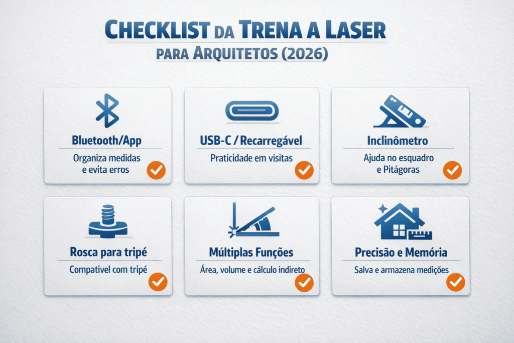 Checklist da trena a laser para arquitetos: Bluetooth, USB-C, inclinômetro, rosca para tripé, laser verde e visor